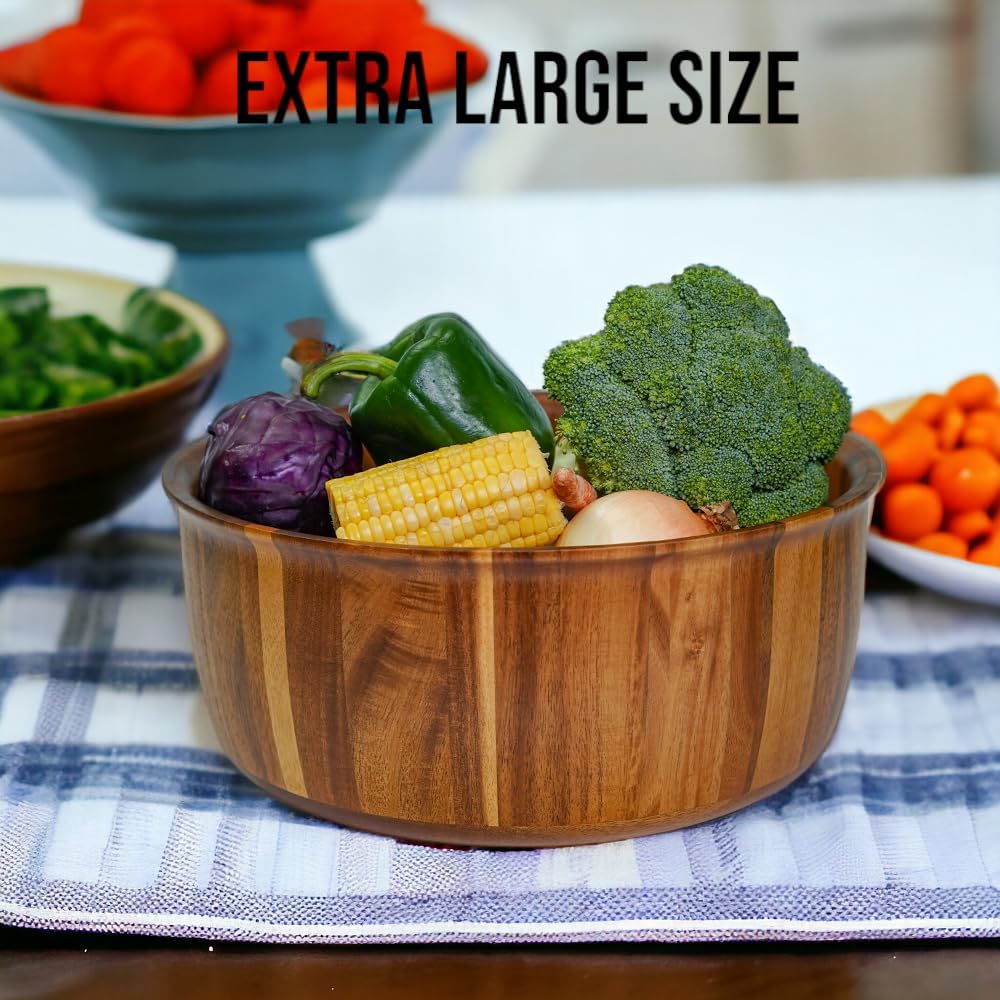 Extra Large Wooden Salad Bowl - 12“ X 5” Acacia Wood Serving Bowl with 2 Servers, Large Fruit Bowl for Food with Serving Utensils, Housewarming Wedding Christmas Gift