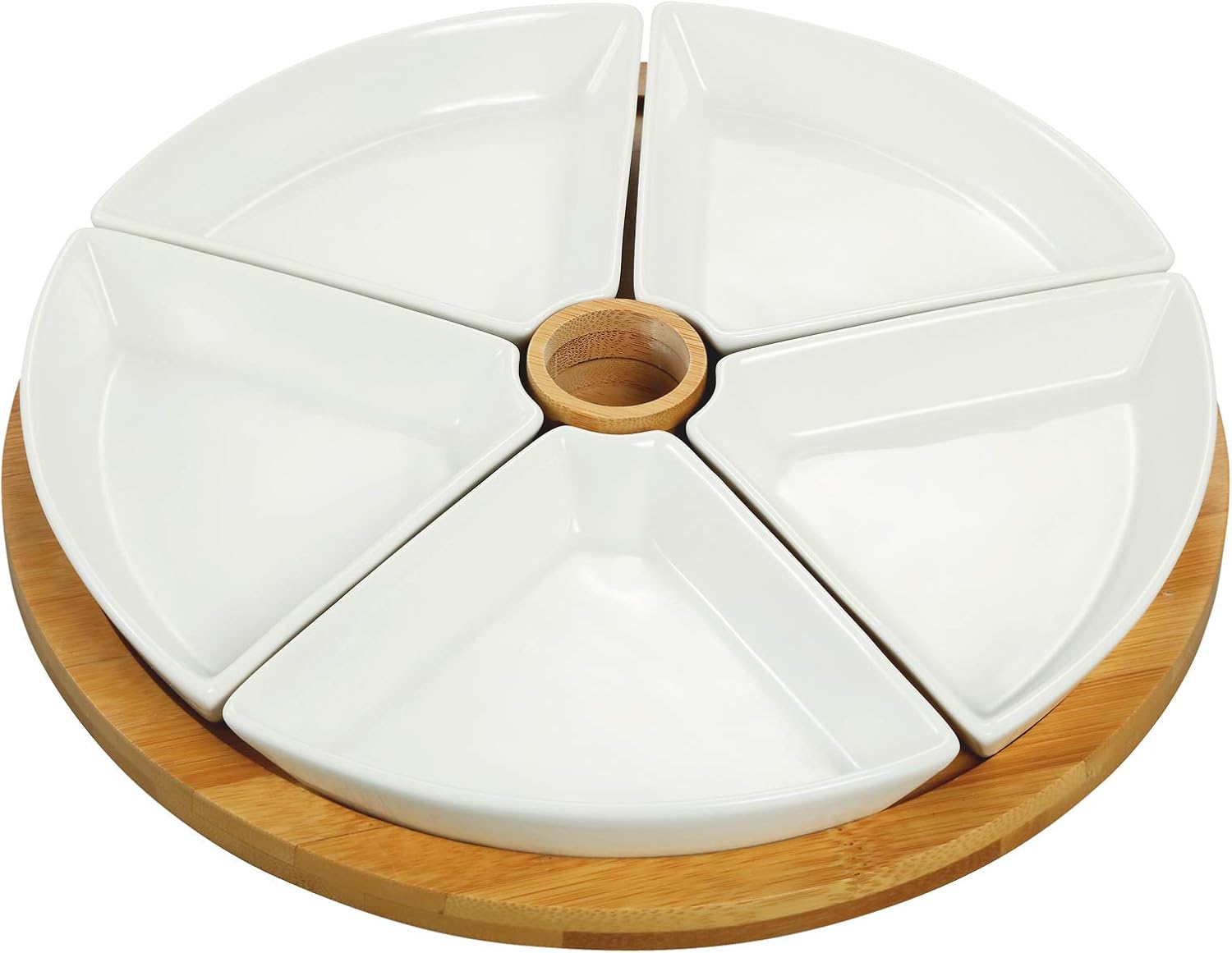 Elama Ceramic Stoneware Condiment Appetizer Set, 6 Piece, Compartment round in White and Natural Bamboo