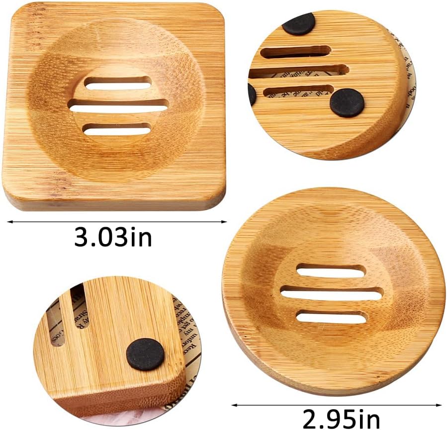 SUMAJU 4 Pcs Wooden Soap Holders Bathroom Soap Dish Natural Bamboo Soap Holder Square & Round Soap Dishes for Home Bathroom