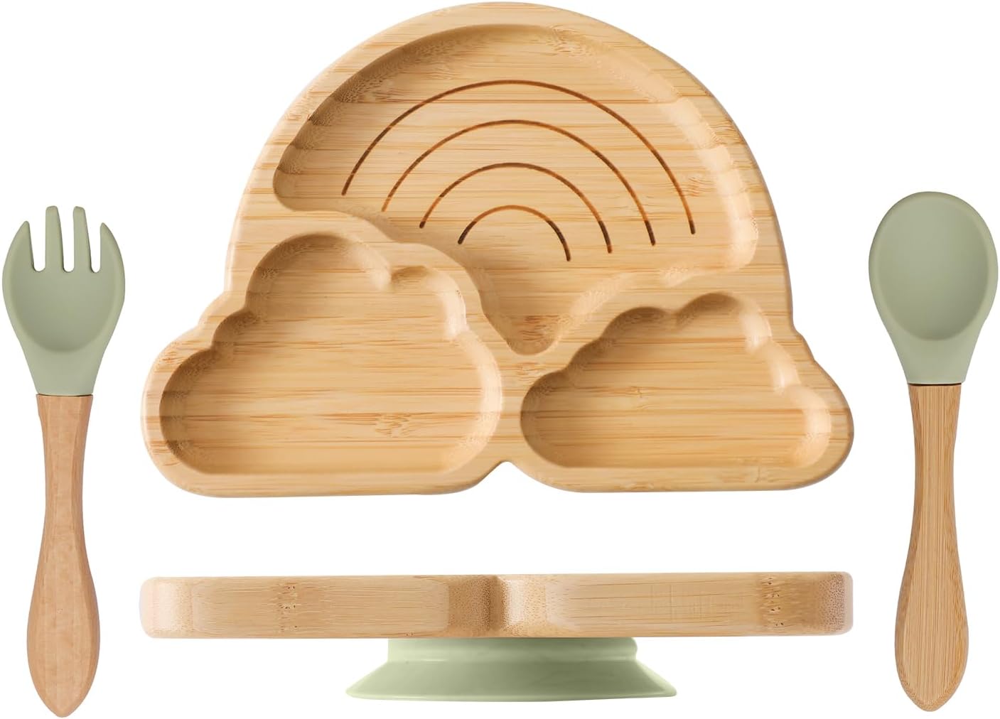Bamboo Suction Plates Bowls Set for Baby Toddler Divided Platter Food Bowl with Silicone Fork & Spoon All-Natural Baby Feeding Set for Baby-Led Weaning, Non-Slip Design