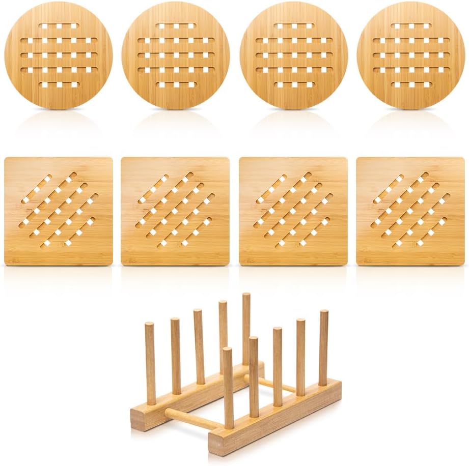 Bamboo Trivet Kitchen Bamboo Hot Pads Trivet Natural Bamboo Trivet Mat Set for Hot Dishes/Pot/Bowl/Teapot/Hot Pot Holders 2 Square 2 Roundness 1 Storage Rack
