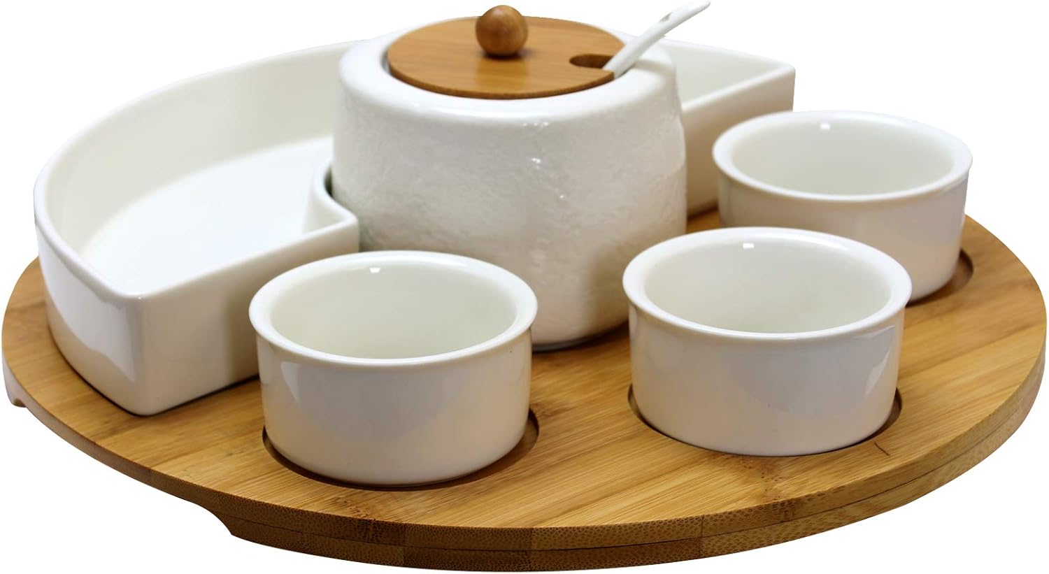 Elama Ceramic Stoneware Condiment Appetizer Set, 6 Piece, Compartment round in White and Natural Bamboo
