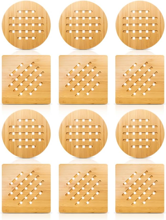 Bamboo Trivet Kitchen Bamboo Hot Pads Trivet Natural Bamboo Trivet Mat Set for Hot Dishes/Pot/Bowl/Teapot/Hot Pot Holders 2 Square 2 Roundness 1 Storage Rack