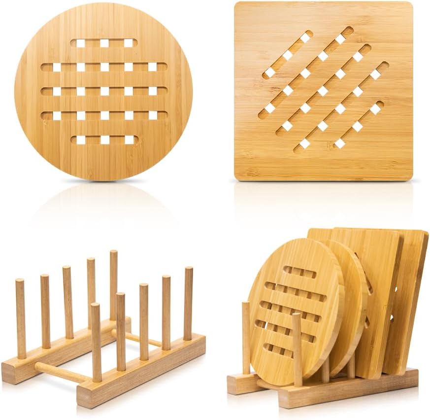 Bamboo Trivet Kitchen Bamboo Hot Pads Trivet Natural Bamboo Trivet Mat Set for Hot Dishes/Pot/Bowl/Teapot/Hot Pot Holders 2 Square 2 Roundness 1 Storage Rack