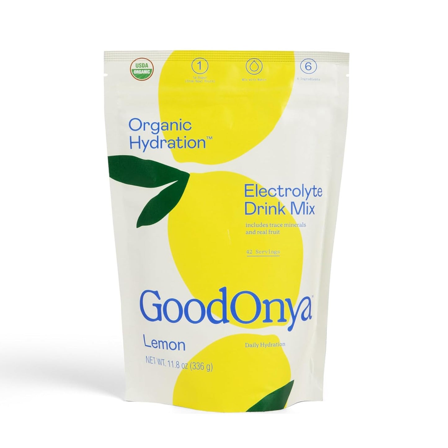 GOODONYA Organic Hydration Electrolyte Drink Mix, Certified Organic Hydration Powder, Non-Gmo, Biochecked Glyphosate Free, Low Sugar, Lemonade Flavor, No Artificial Flavors, 20 Servings