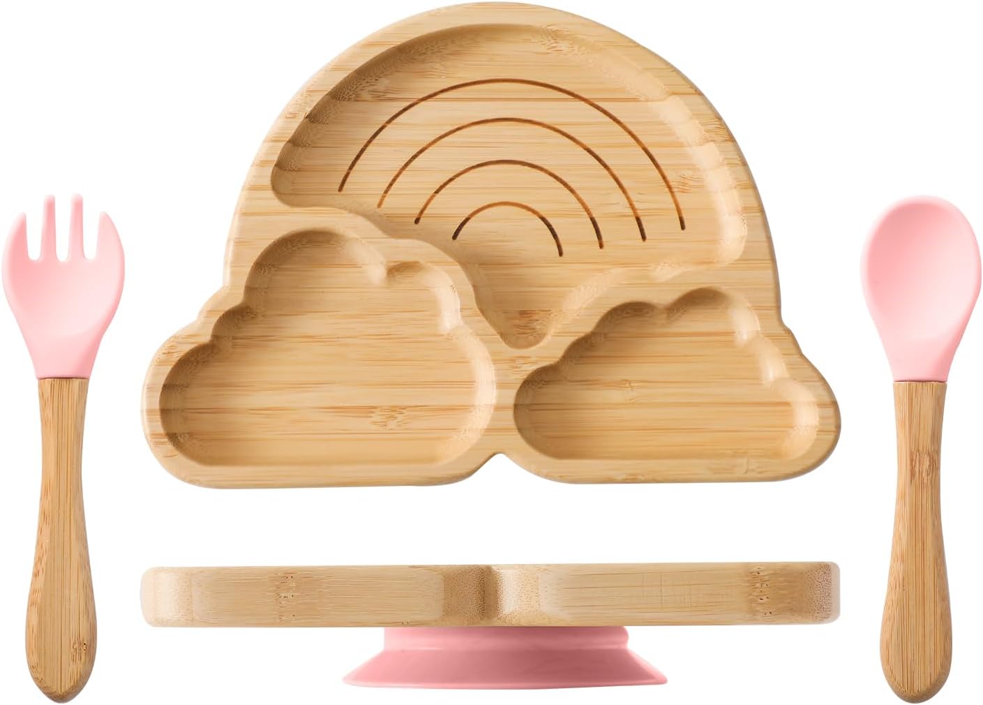 Bamboo Suction Plates Bowls Set for Baby Toddler Divided Platter Food Bowl with Silicone Fork & Spoon All-Natural Baby Feeding Set for Baby-Led Weaning, Non-Slip Design