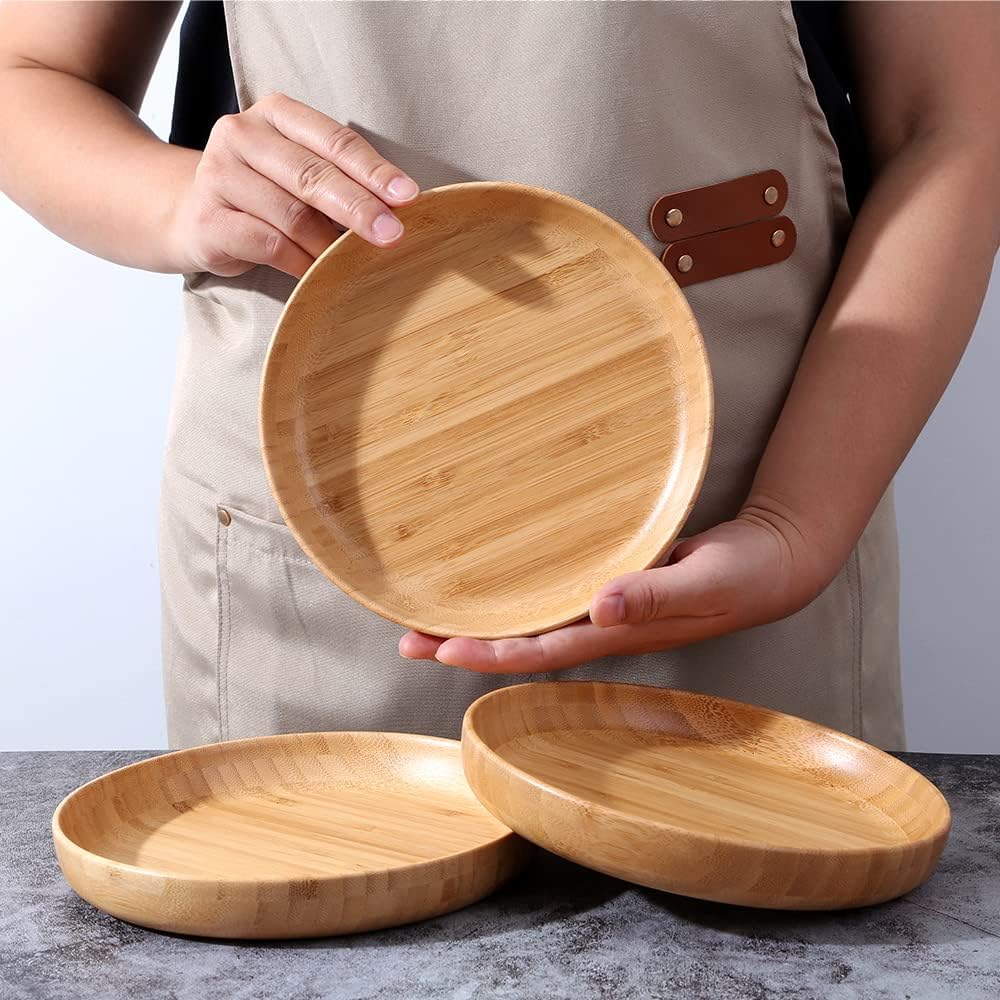 7.5In round Bamboo Wooden Plates - 2PCS Reusable Dinner Plates for Food, Snack, Dessert