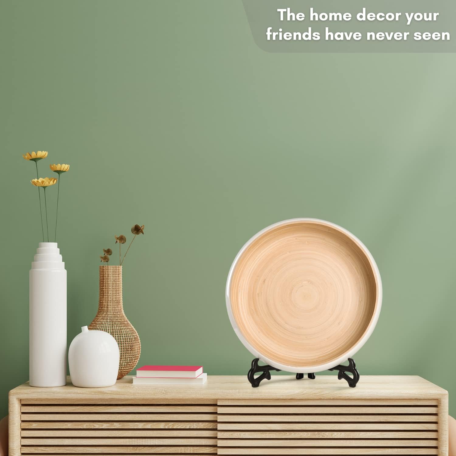 LEXA 12" Handmade White Bamboo Wooden Fruit Bowl for Kitchen Counter - 130 Oz Lightweight Large Bamboo Wood Salad Bowl