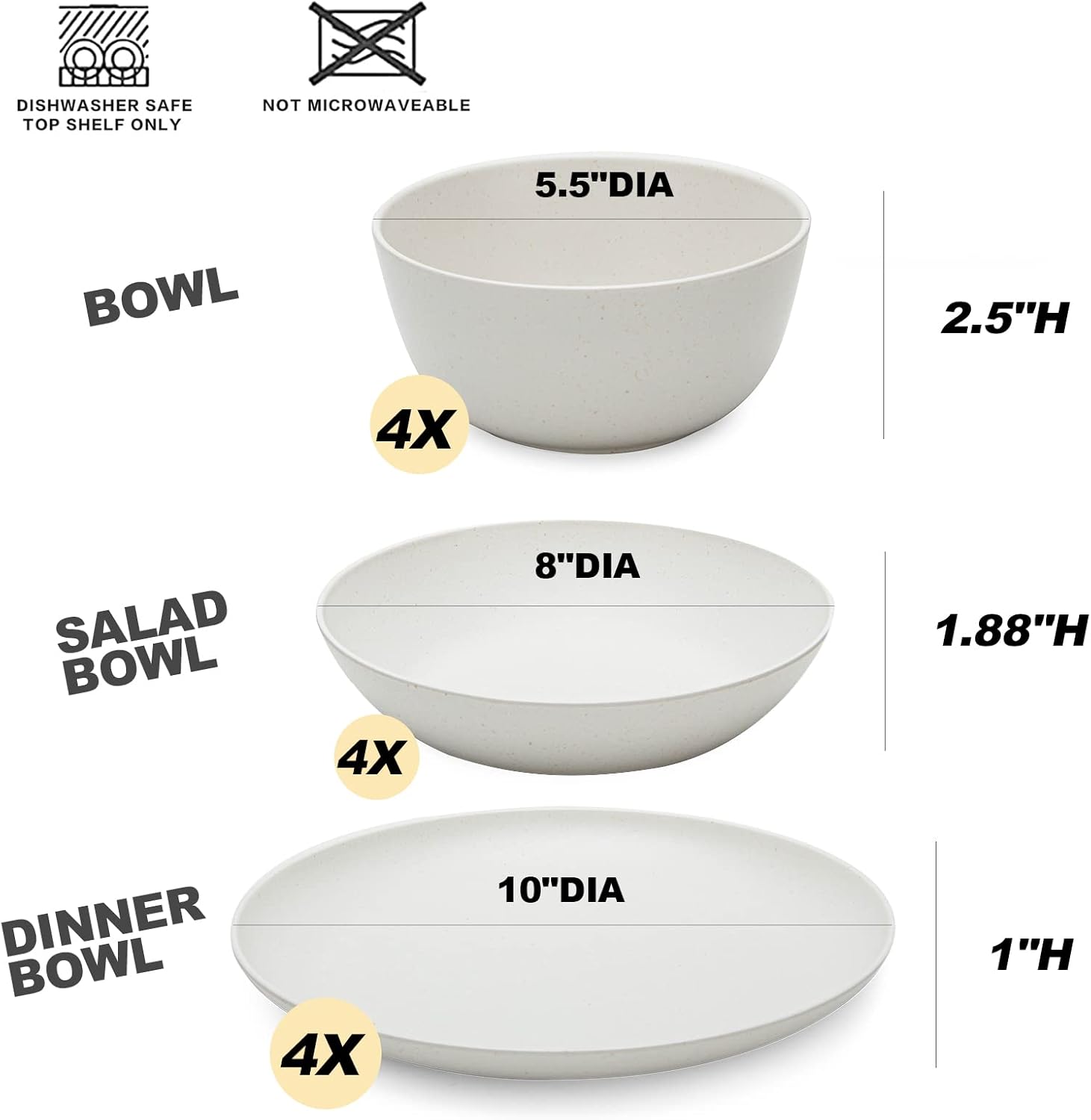 LEHAHA Bamboo White Kitchen Plates and Bowls Set, 12 Piece Non-Breakable Melamine Dinnerware Sets, Eco-Friendly Dishes Sets for 4, 12 Piece Reusable Tableware Set for Outdoor Dining, Patios, Rvs, BBQ