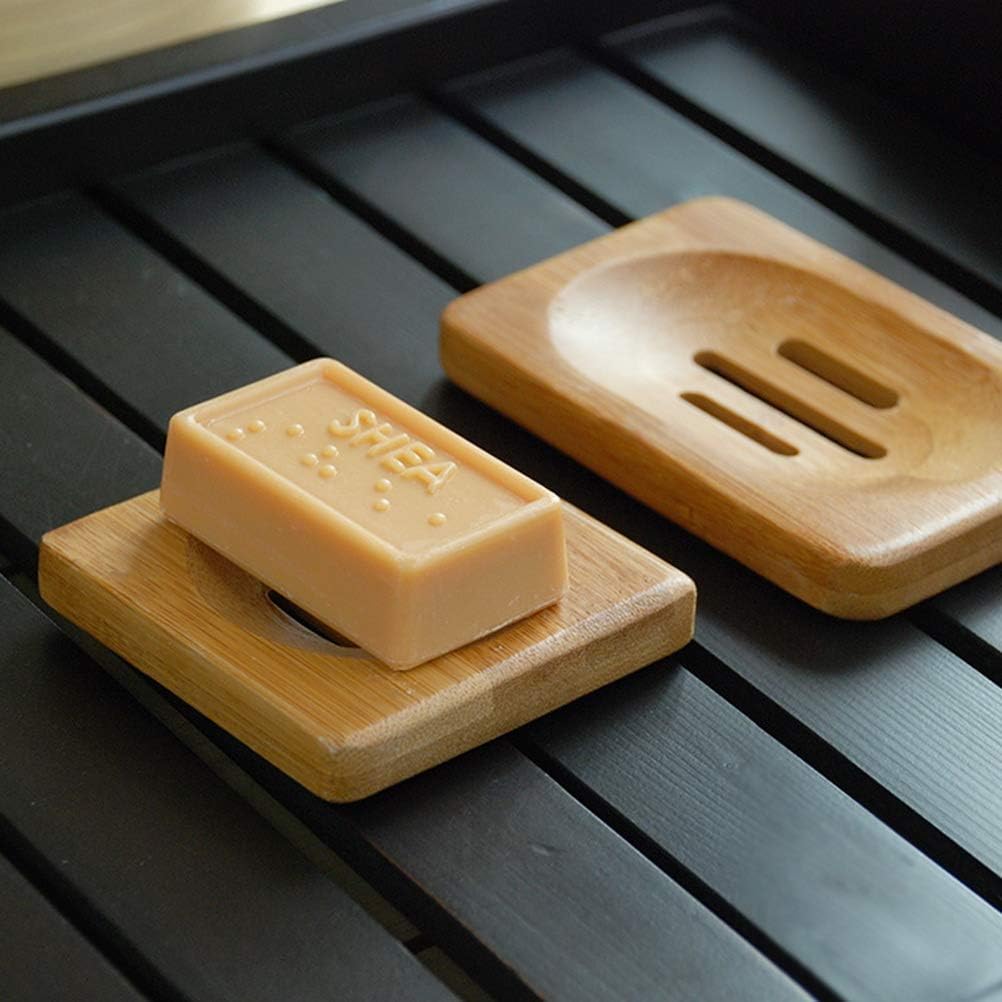 SUMAJU 4 Pcs Wooden Soap Holders Bathroom Soap Dish Natural Bamboo Soap Holder Square & Round Soap Dishes for Home Bathroom