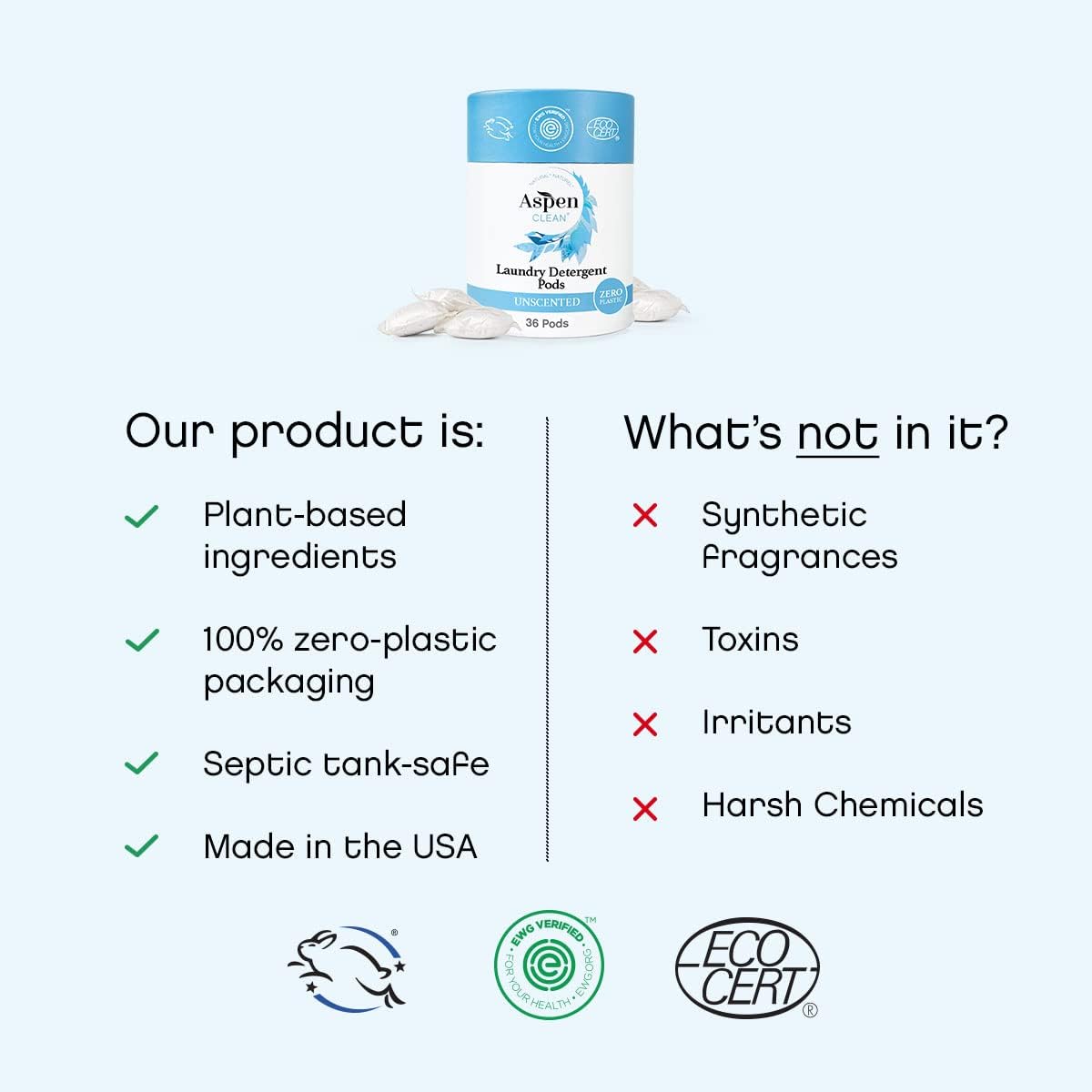 Unscented Laundry Pods by Aspenclean, New and Improved Packaging, Zero Plastic, EWG Verified™, Vegan, Non-Bio, Hypoallergenic Natural Laundry Detergent - 36 Count