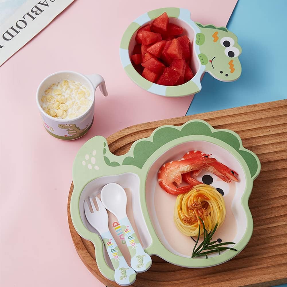 Bamboo Kids Dinnerware Set 5 Pcs Includes Plate Bowl Cup Fork Spoon Perfect for Kids Bpa-Free (Little Dinosaur)
