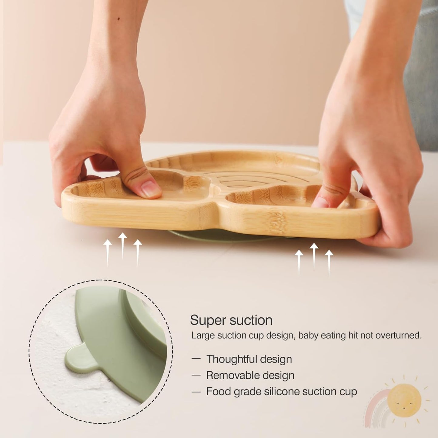 Bamboo Suction Plates Bowls Set for Baby Toddler Divided Platter Food Bowl with Silicone Fork & Spoon All-Natural Baby Feeding Set for Baby-Led Weaning, Non-Slip Design