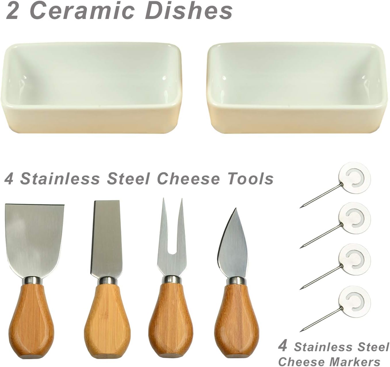 Picnic at Ascot Large Bamboo Cheese Board/Charcuterie Platter with 4 Stainless Steel Tools, 2 Ceramic Trays & Cheese Markers -16" X 13"- Designed & Quality Checked in USA