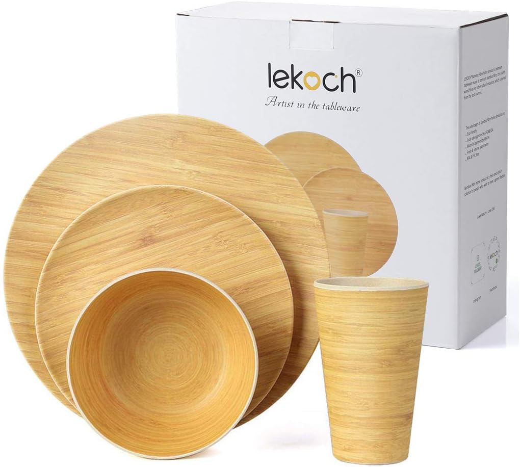 LEKOCH Bamboo Dinnerware Set, Ultra Chic Bamboo Dinnerwareses for 4 Pcs, Bamboo Fiber Plate Dish Set, Kitchen Tablewares Eco-Friendly Reusable Outdoor Camping Dinnerware Sets