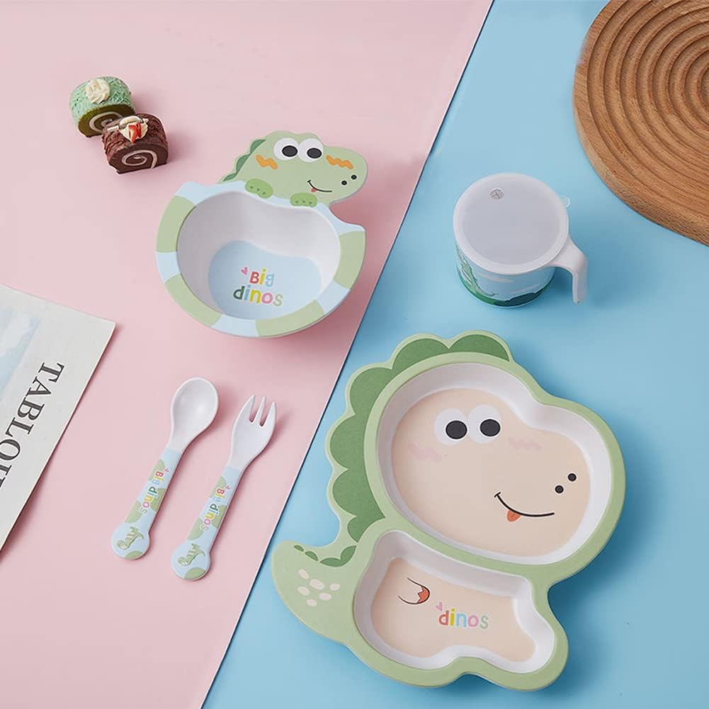 Bamboo Kids Dinnerware Set 5 Pcs Includes Plate Bowl Cup Fork Spoon Perfect for Kids Bpa-Free (Little Dinosaur)