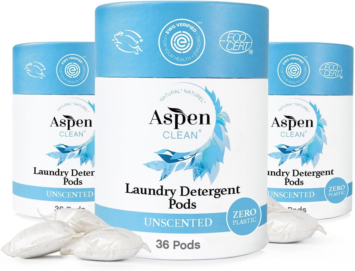 Unscented Laundry Pods by Aspenclean, New and Improved Packaging, Zero Plastic, EWG Verified™, Vegan, Non-Bio, Hypoallergenic Natural Laundry Detergent - 36 Count