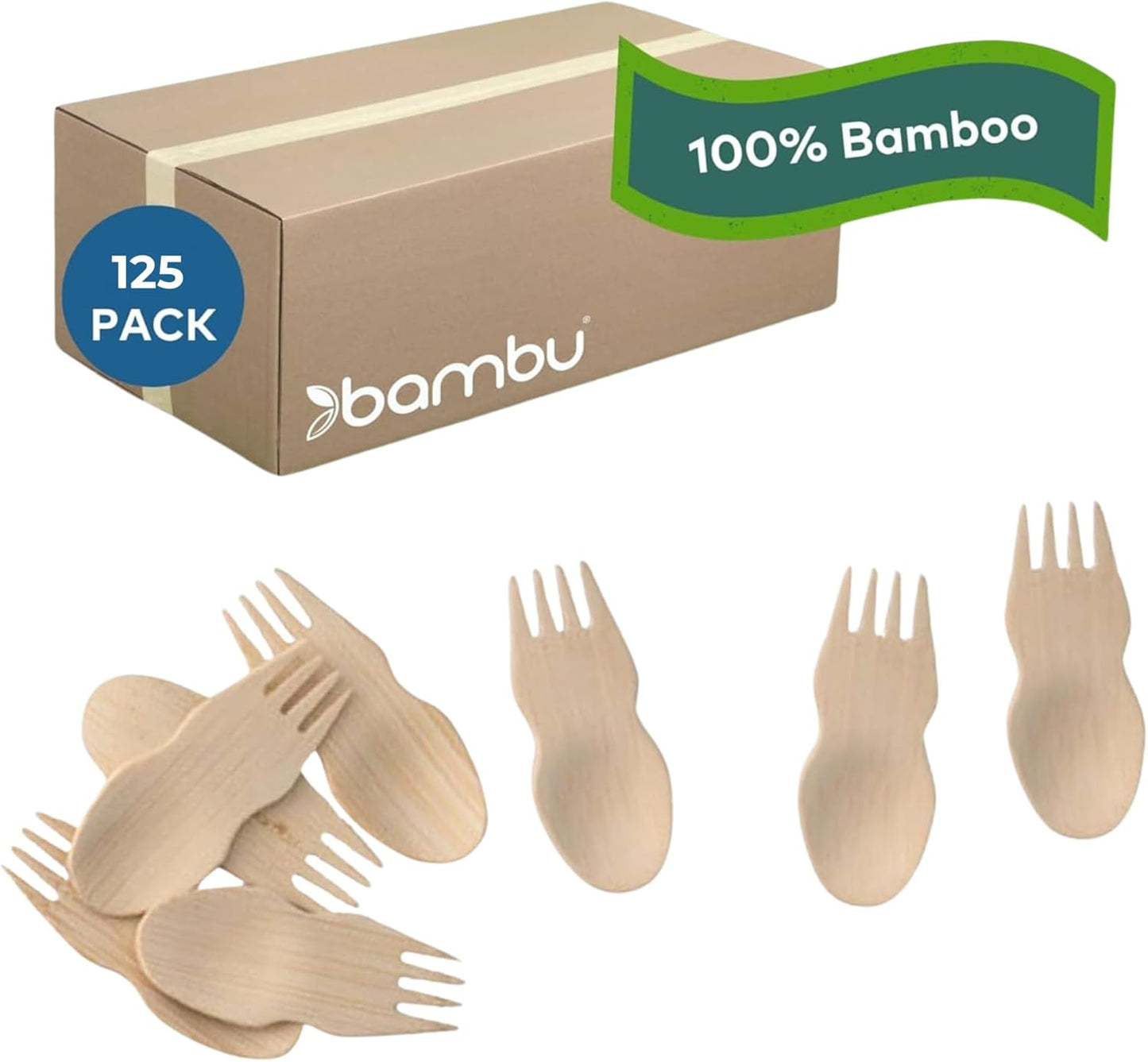 Bambu Pack of 125 - Bamboo Sporks Disposable Set, Biodegradable Eco Friendly Products, Bamboo Utensils for Events, Compostable Cutlery