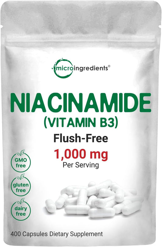 Vitamin B3 Niacinamide 500mg Per Capsule, 400 Capsules | 1,000mg Flush Free Niacin Per Serving, Essential B Vitamin Supplement | Skin Care Health & Energy Support | Non-GMO, Gluten Free
