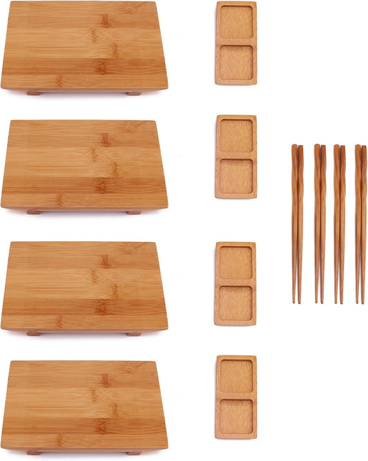 Bamboomn Bamboo Sushi Plate/Tray, Chopsticks and Compartment Sauce Dish, 8.3" Rectangle - 4 Sets