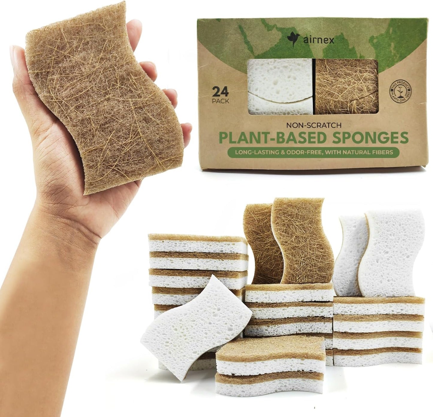 Natural Kitchen Sponge - Biodegradable Compostable Cellulose and Coconut Scrubber Sponge - Pack of 12 Eco Friendly Sponges for Dishes