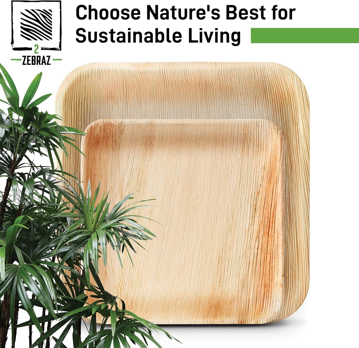 Premium Palm Leaf Disposable Plates – 50Pc Square Set: 25Pc 10” and 25Pc 7”, Heavy-Duty, Microwave Safe, Natural Alternative to Plastic, Ideal for Parties, Weddings, Events, and Everyday Use