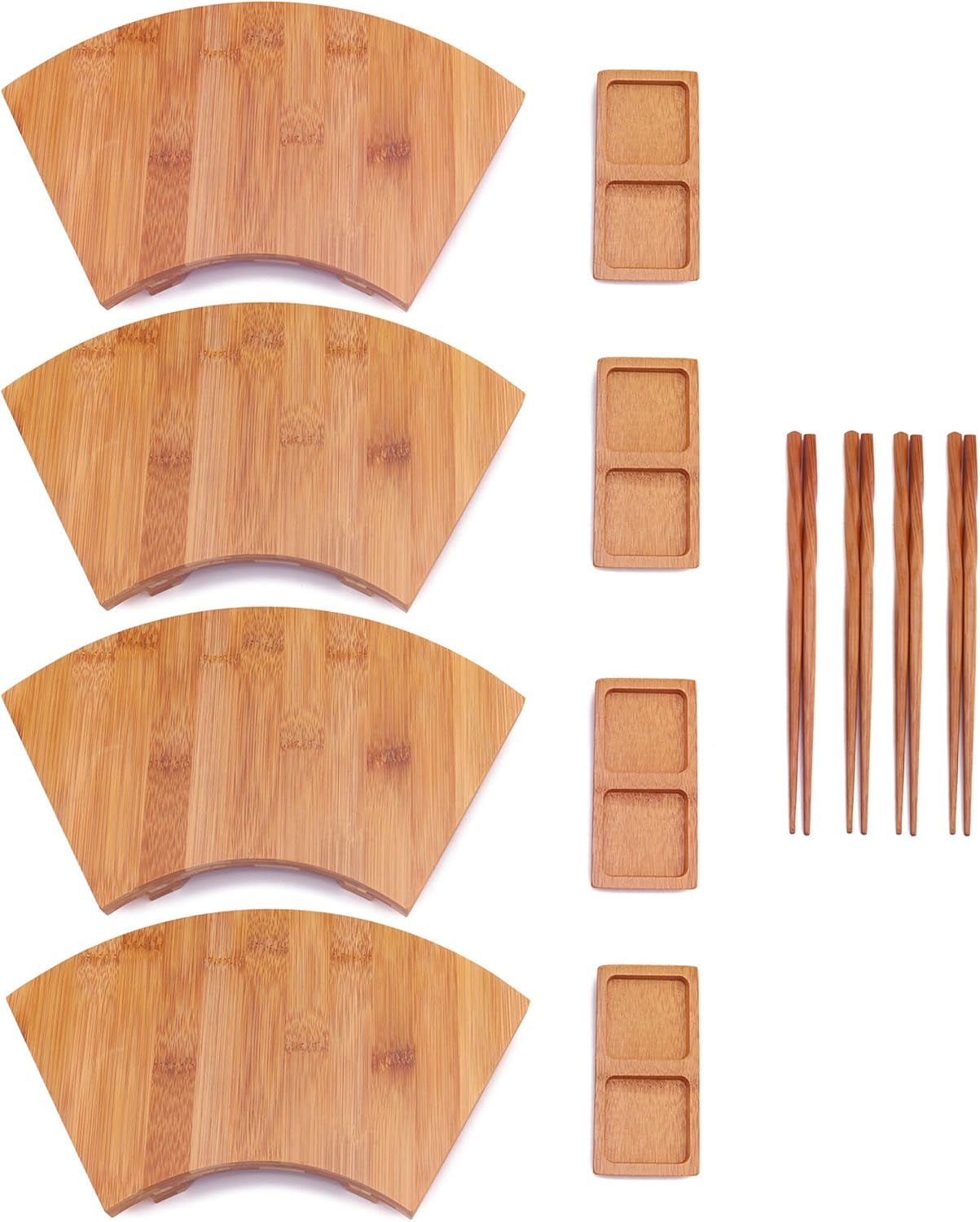 Bamboomn Bamboo Sushi Plate/Tray, Chopsticks and Compartment Sauce Dish, 8.3" Rectangle - 4 Sets