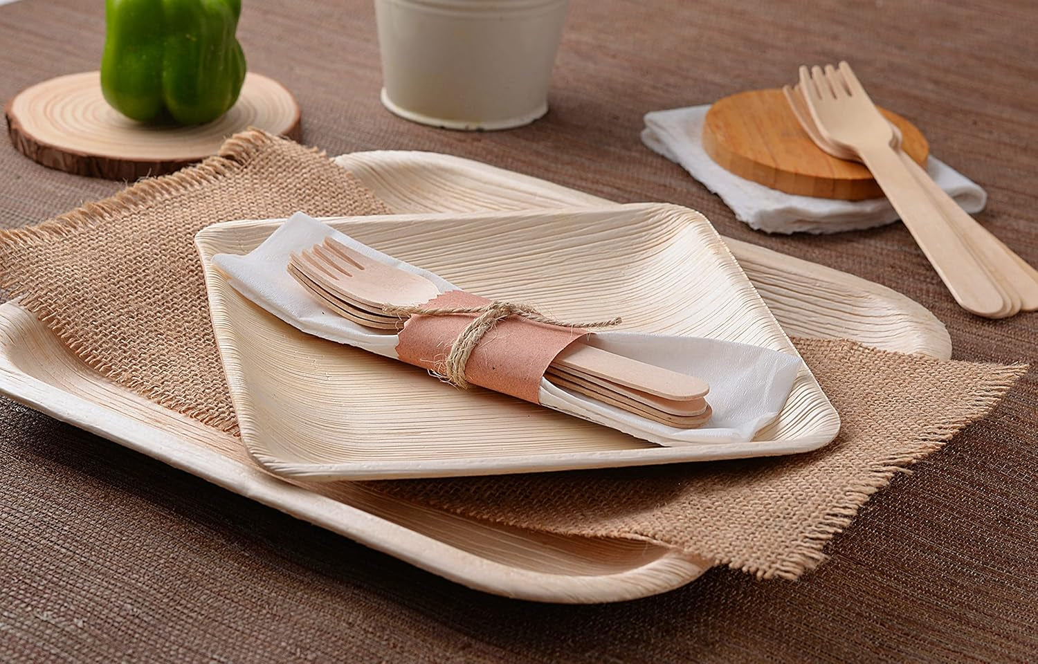 Ozonesafe (150 Pcs) Palm Leaf Plates Set – 25 X 10 and 25 X 7 Inch Square Plates, with 50 Forks and 50 Knives - Heavy Duty & Compostable - Better than Disposable Plates