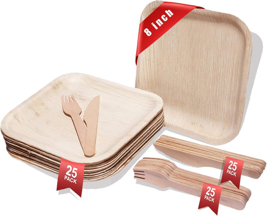 HABBIBI Bamboo Plates Disposable with Cutlery (25 Forks & 25 Knives) - 8" Eco Friendly Palm Leaf Plates, 100% Biodegradable & Compostable Party Plates (8 Inch) Better than Plastic and Paper Plate