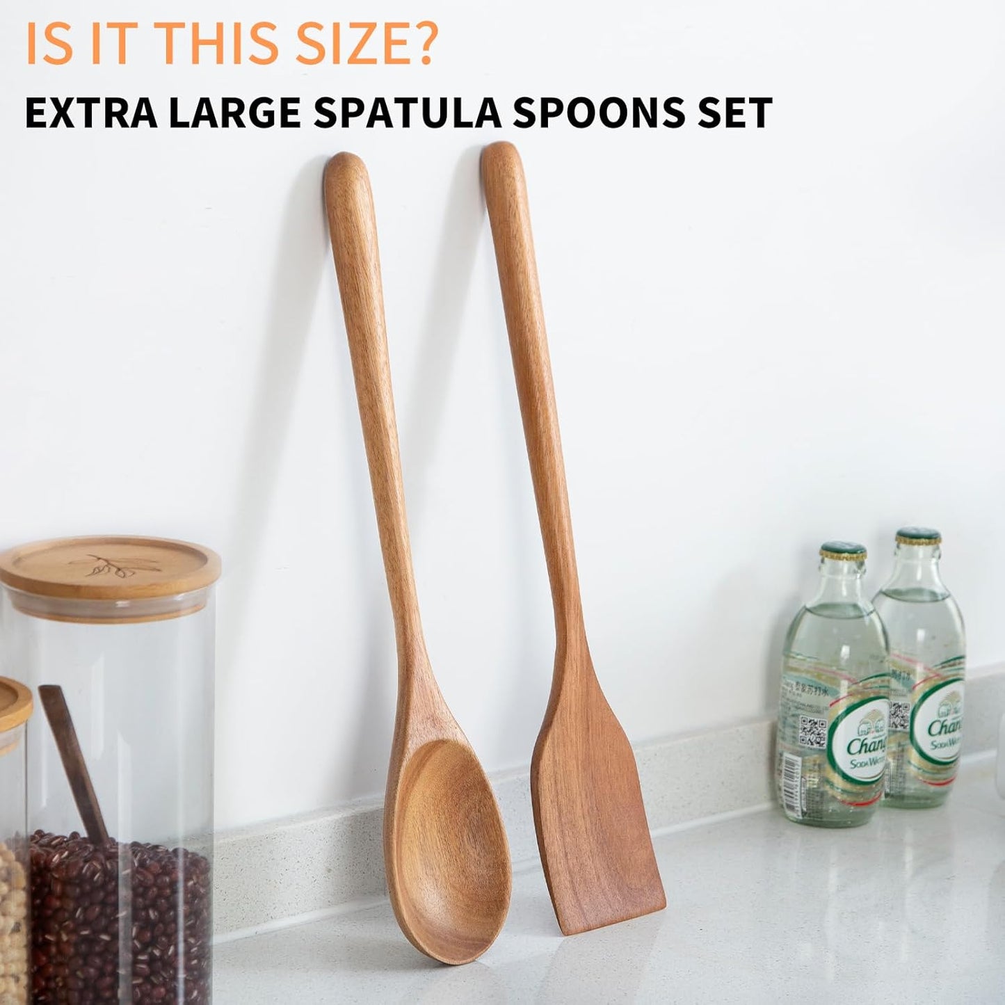 2PCS Long Handle Gigantic Spatula Spoon Premium Acacia Wooden Spoons for Cooking 17''Large Soliod Wooden Cooking Spoons Smooth Finish in Large Style Cooking Kitchen Utensil Set