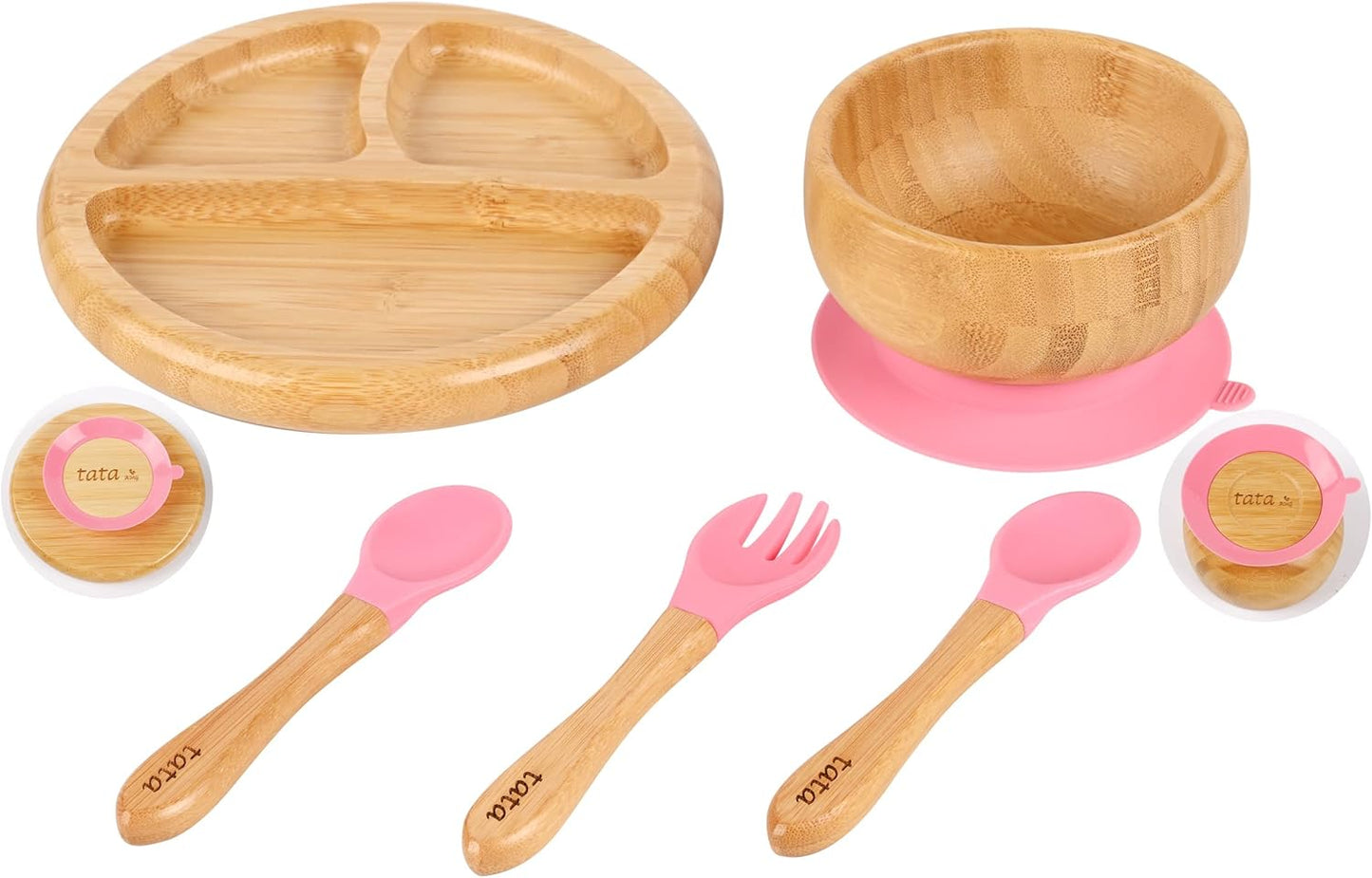 TATA AMG® Bamboo Suction Plate & Bowl with Fork and 2 Spoons | Divided Wooden Feeding Dish for Toddlers | Bpa-Free Baby Led Weaning (BLW) Utensil Set