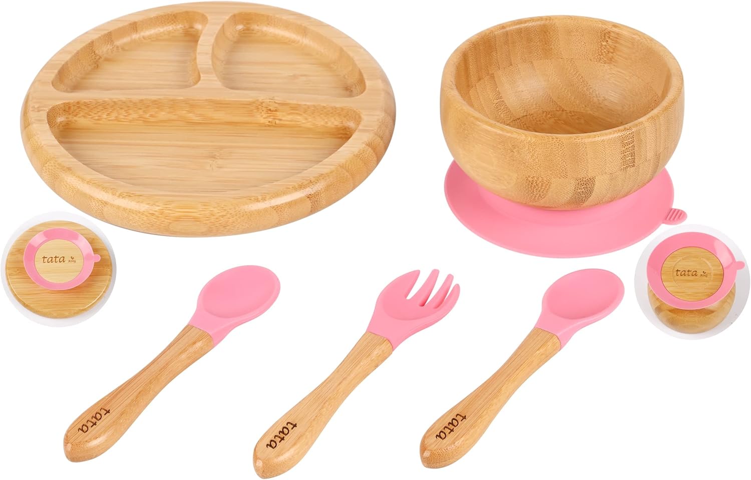 TATA AMG® Bamboo Suction Plate & Bowl with Fork and 2 Spoons | Divided Wooden Feeding Dish for Toddlers | Bpa-Free Baby Led Weaning (BLW) Utensil Set