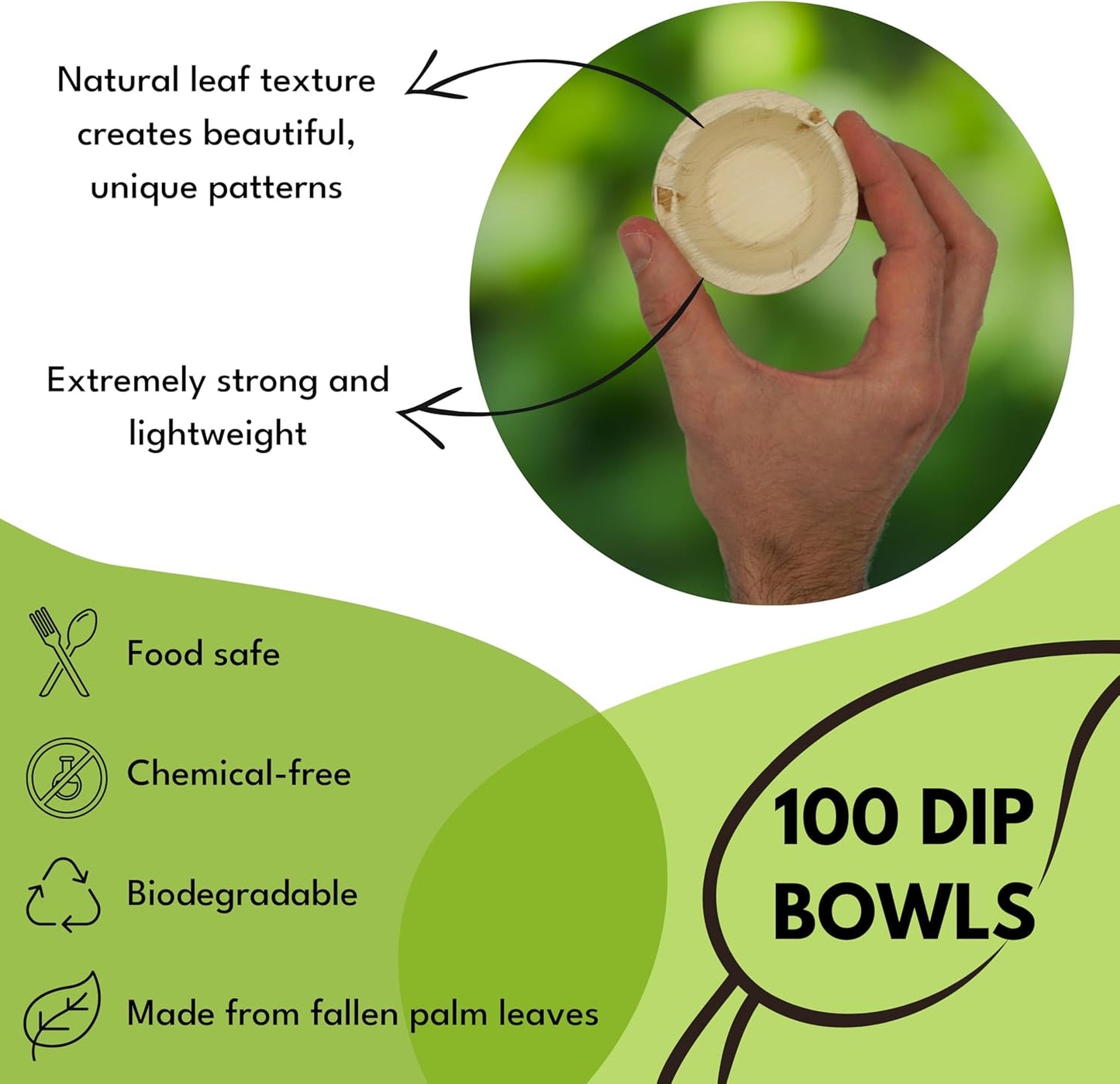 Mini Palm Leaf Dip Bowls - 2.5 Inch 100 Pack Sauce Cups - Same as Small Bamboo Bowls for Sauces - Eco Friendly, Disposable, Compostable and Biodegradable - Mini 1.5 oz Ramekins