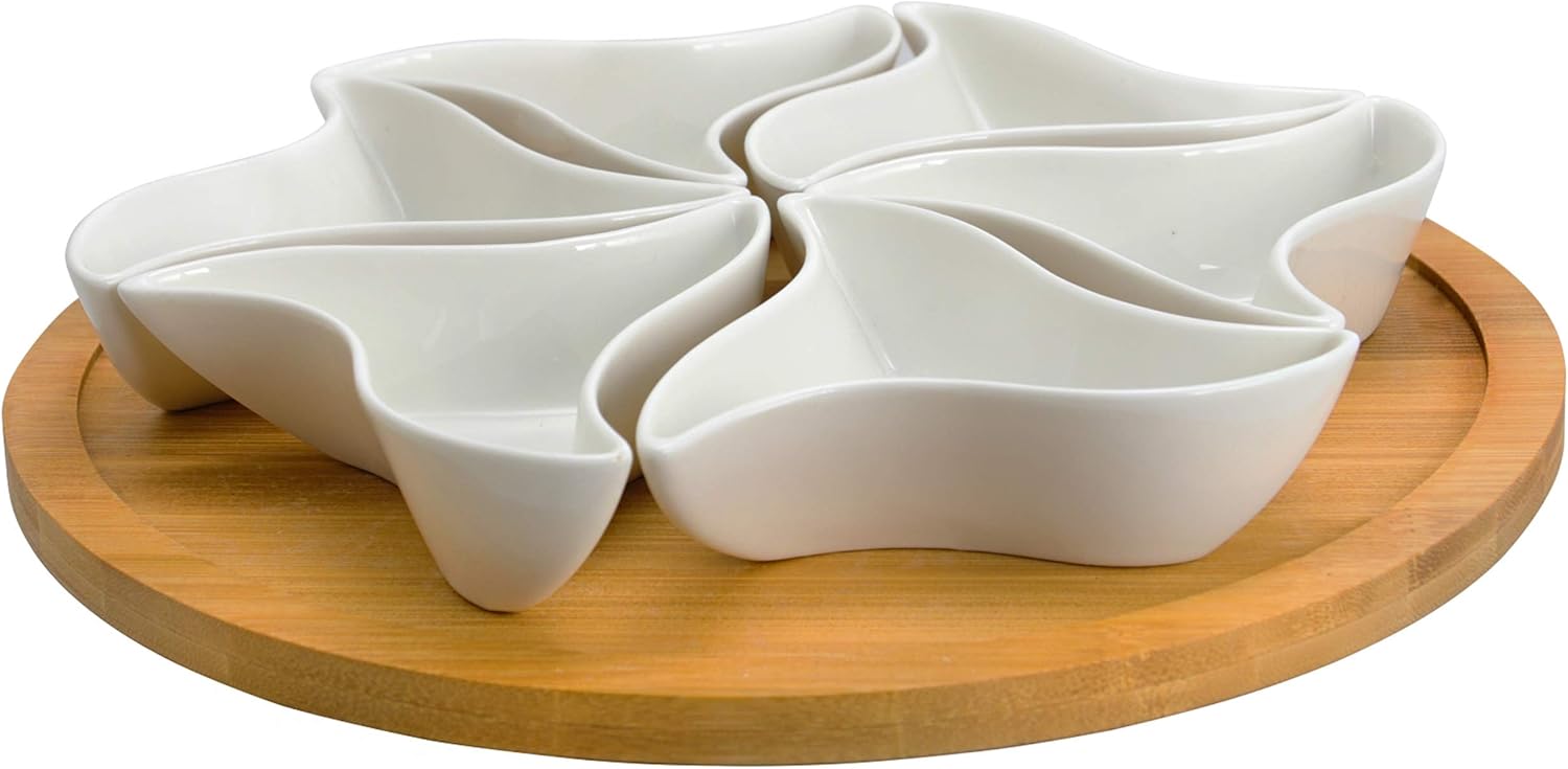 Elama Ceramic Stoneware Condiment Appetizer Set, 6 Piece, Compartment round in White and Natural Bamboo