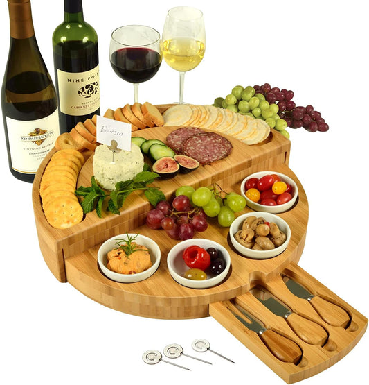 Picnic at Ascot Deluxe Bamboo Cheese/Charcuterie Board with Accessories & Cheese Markers - Innovative Patented Design - Quality Assured in the USA