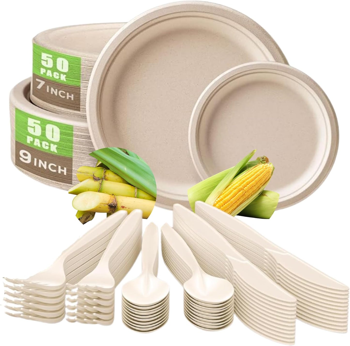 250 Piece Biodegradable Paper Plates Set β Sturdy Compostable Dinnerware with 7β & 9β Plates, Forks, Knives & Spoons β Eco-Friendly Disposable Party Supplies