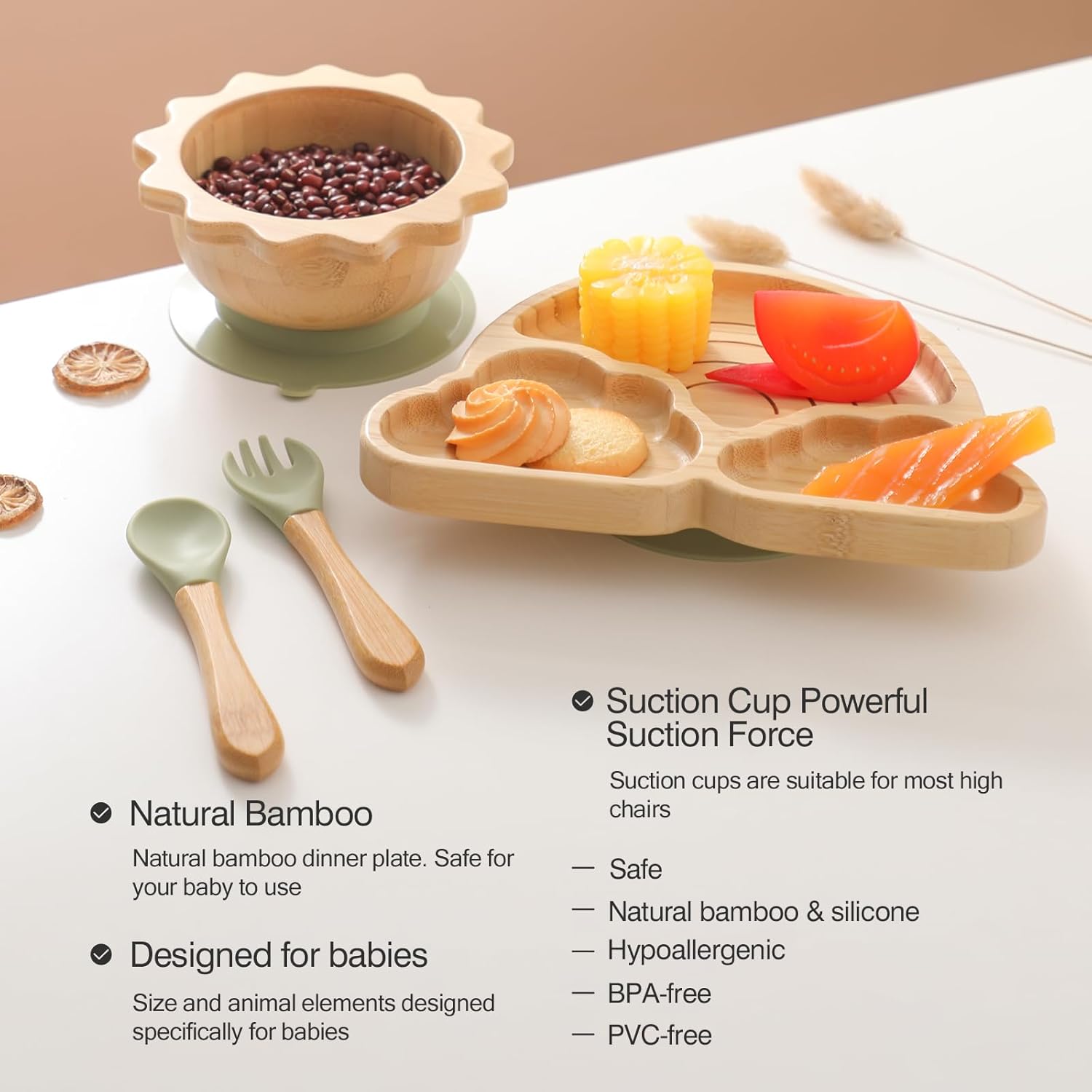 Bamboo Suction Plates Bowls Set for Baby Toddler Divided Platter Food Bowl with Silicone Fork & Spoon All-Natural Baby Feeding Set for Baby-Led Weaning, Non-Slip Design