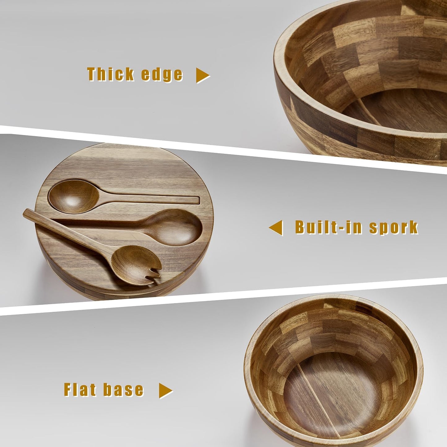 Acacia Wooden Salad Bowl with Lid, Built-In Acacia Wood Utensils, 10.5" Large Wood Serving Bowls for Fruits, Salad, and Vegetables, Big Wood Salad Bowls Set 4-Piece, All-In-One Design
