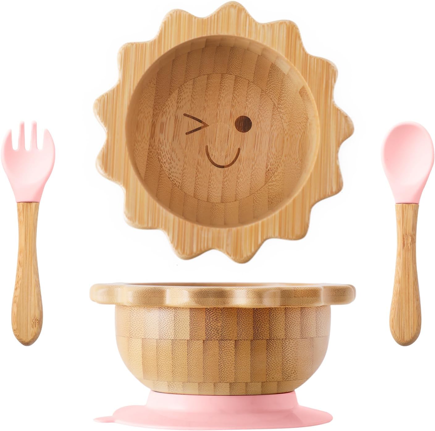 Bamboo Suction Plates Bowls Set for Baby Toddler Divided Platter Food Bowl with Silicone Fork & Spoon All-Natural Baby Feeding Set for Baby-Led Weaning, Non-Slip Design