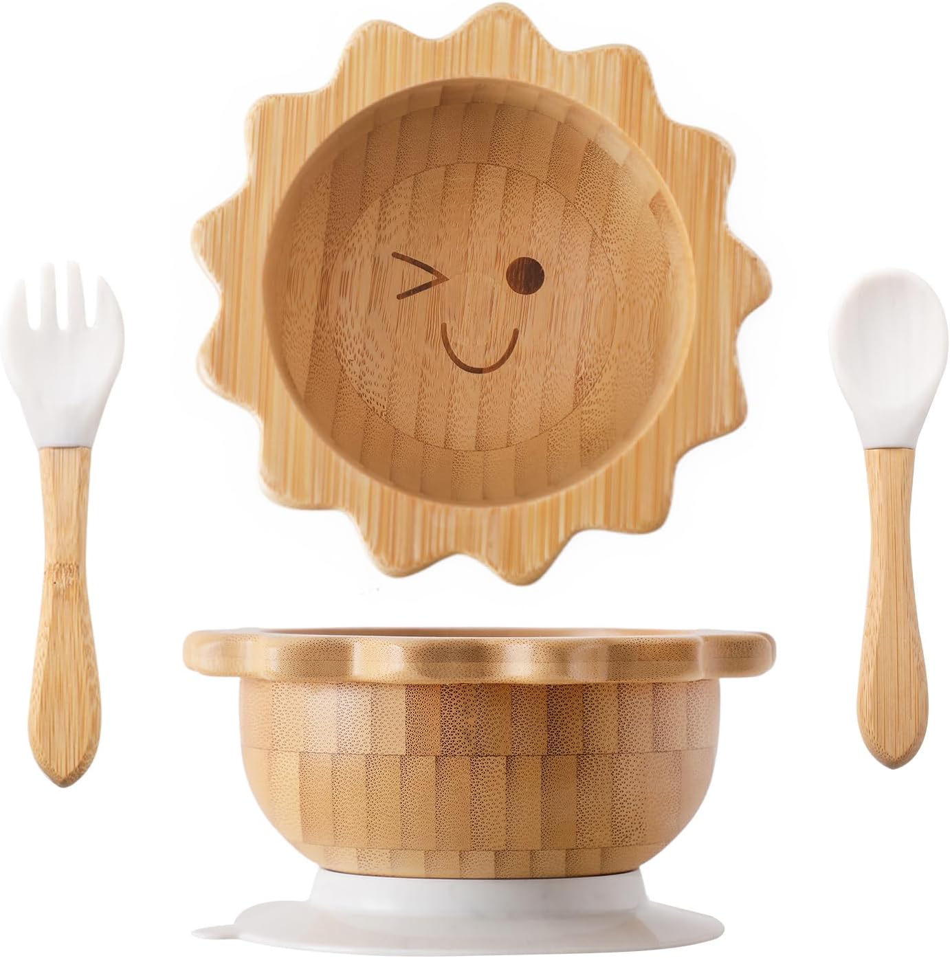 Bamboo Suction Plates Bowls Set for Baby Toddler Divided Platter Food Bowl with Silicone Fork & Spoon All-Natural Baby Feeding Set for Baby-Led Weaning, Non-Slip Design