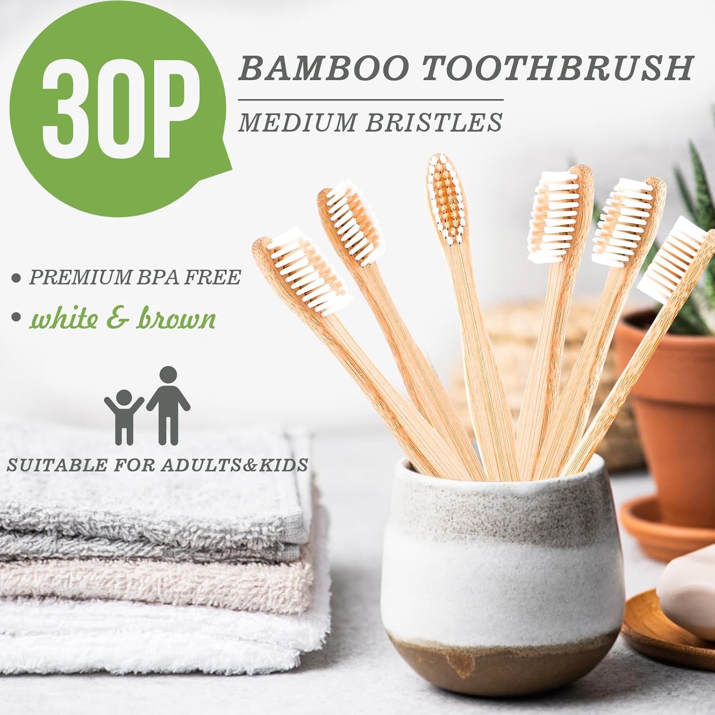 Navona 30 PCS Bamboo Toothbrushes Pack, BPA Free Medium Bristles Toothbrushes for Adults, Eco-Friendly Natural Wooden Toothbrush Bulk, Box of Two Reusable Travel Toothbrush