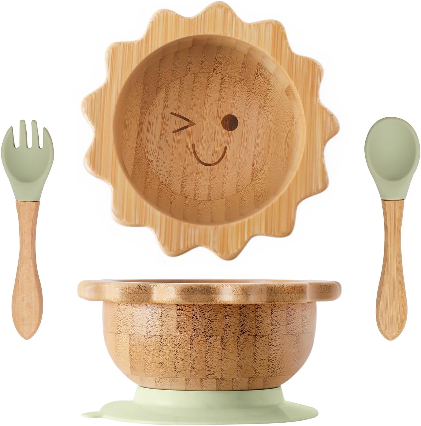 Bamboo Suction Plates Bowls Set for Baby Toddler Divided Platter Food Bowl with Silicone Fork & Spoon All-Natural Baby Feeding Set for Baby-Led Weaning, Non-Slip Design