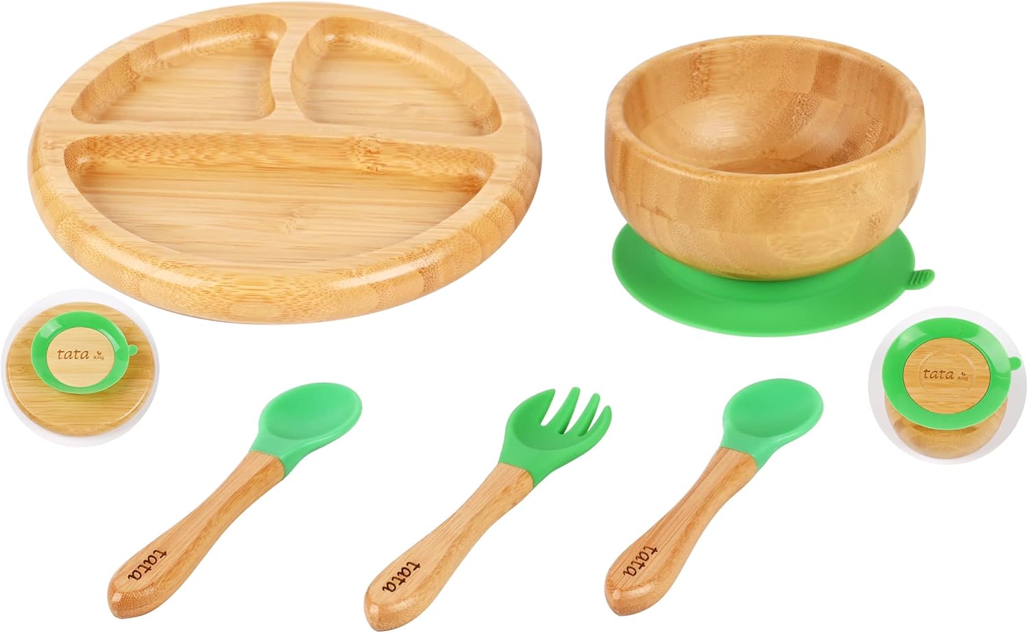 TATA AMG® Bamboo Suction Plate & Bowl with Fork and 2 Spoons | Divided Wooden Feeding Dish for Toddlers | Bpa-Free Baby Led Weaning (BLW) Utensil Set