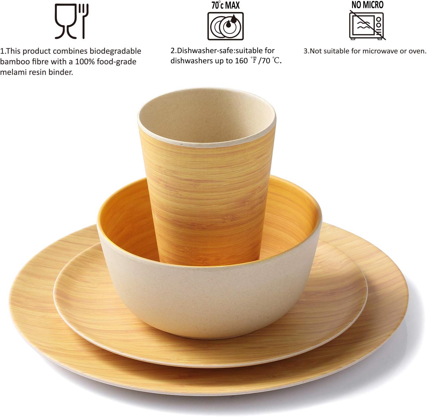 LEKOCH Bamboo Dinnerware Set, Ultra Chic Bamboo Dinnerwareses for 4 Pcs, Bamboo Fiber Plate Dish Set, Kitchen Tablewares Eco-Friendly Reusable Outdoor Camping Dinnerware Sets