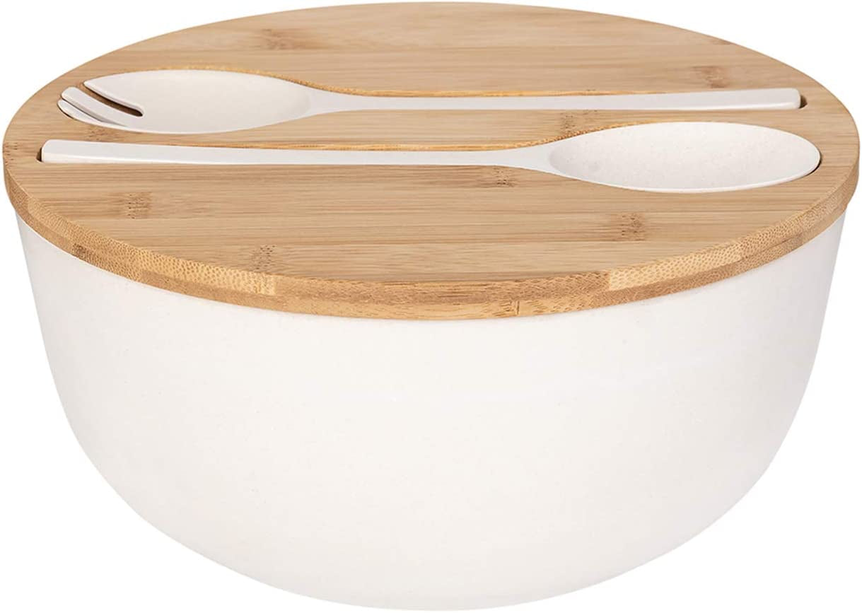 GEHE 12" Salad Bowls, Bamboo Fiber Salad Bowl with Lid, 7.7Qt Extra Large Mixing Bowls with Servers for Kitchen, Salad Serving Bowl Set with Utensils for Salad, Pasta, Fruits, Vegetables and Dessert