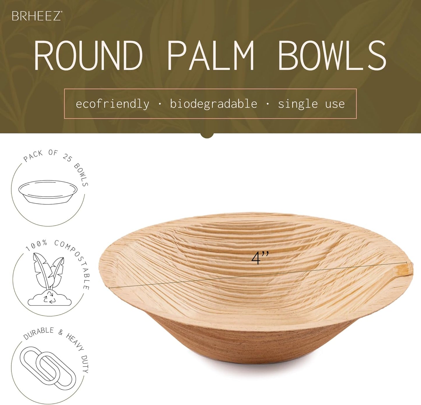 Brheez Palm Leaf Disposable Party Bowls - 4 Inch, 25 Pack, Compostable, Bamboo Look, Heavy Duty, Ecofriendly