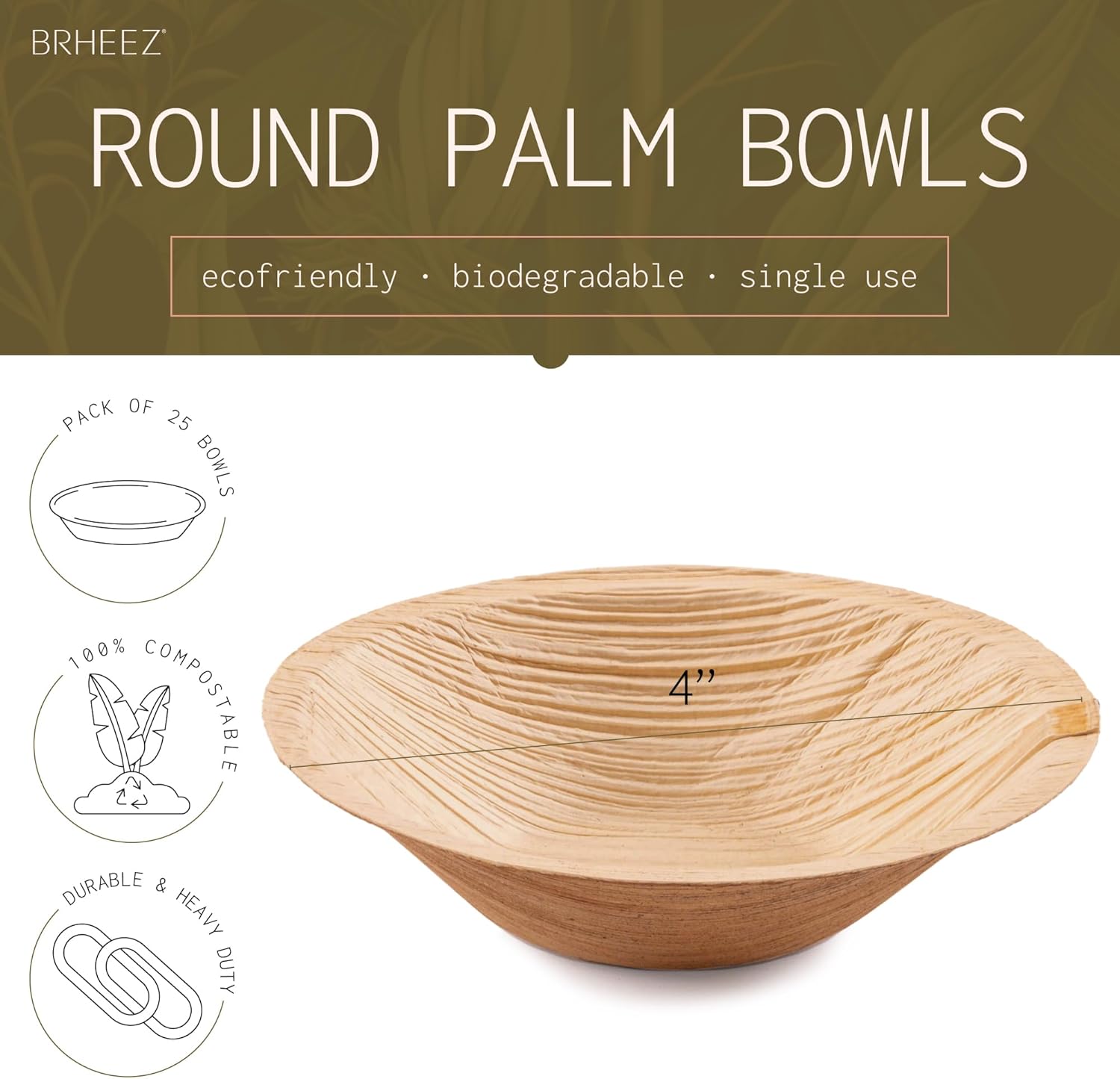 Brheez Palm Leaf Disposable Party Bowls - 4 Inch, 25 Pack, Compostable, Bamboo Look, Heavy Duty, Ecofriendly