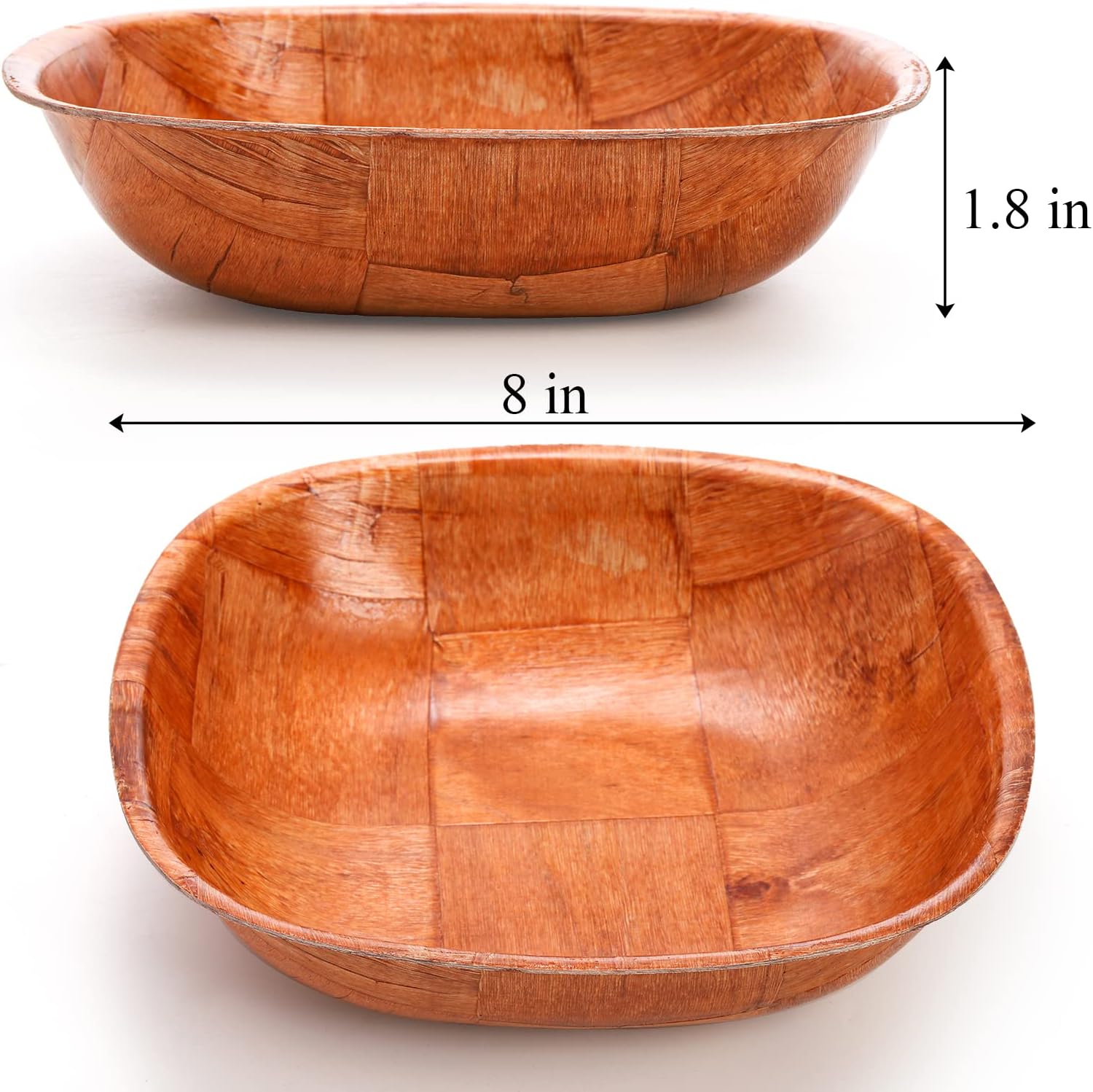 Elsjoy 8 Pack 8 Inch Wooden Woven Salad Bowl, Reusable Square Serving Bowl Woven Wood Mixing Bowl Set, Unbreakable Snack Bowls for Salad, Fruits, Snacks