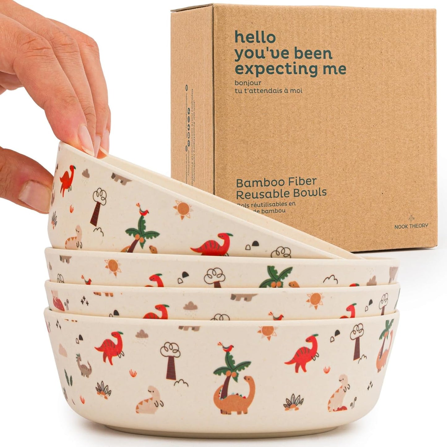 Nook Theory 4 Pack Bamboo Bowls - 18 Oz Reusable Toddler and Kids Bowl, Dishwasher Safe - Not Microwavable Bamboo Dishes (Celebration)