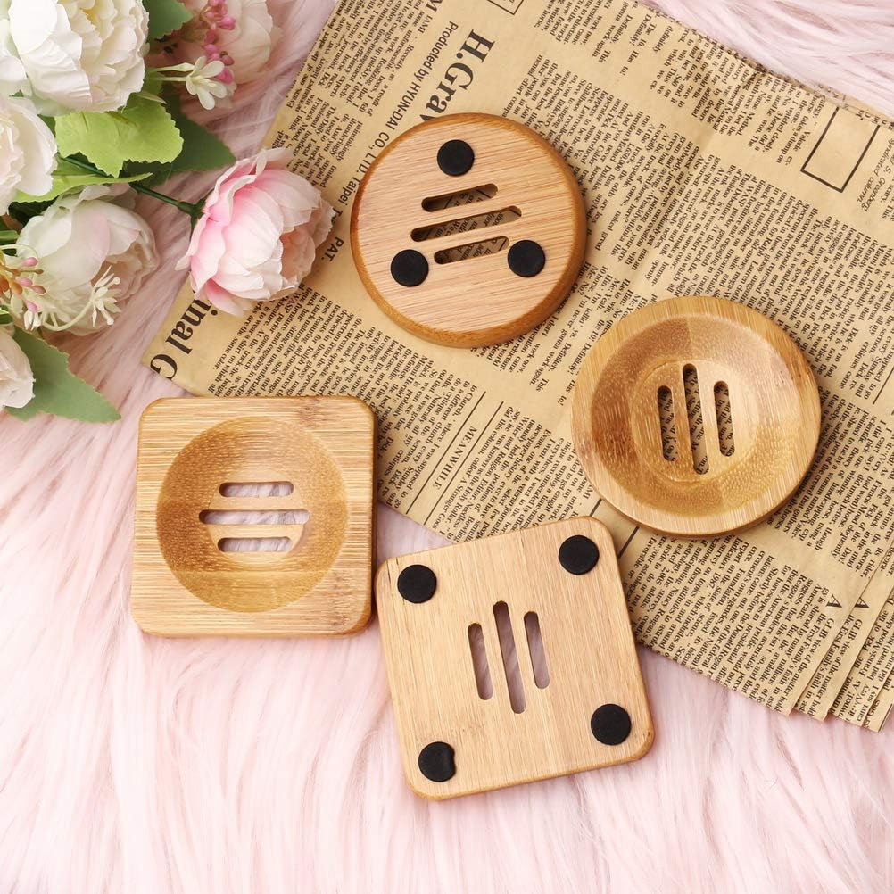 SUMAJU 4 Pcs Wooden Soap Holders Bathroom Soap Dish Natural Bamboo Soap Holder Square & Round Soap Dishes for Home Bathroom